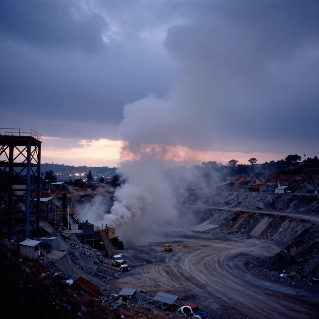 Dust Cloud Rising from Quarry Blast in Bogota Twilight in beside exposed structural steel near La Macarena, Bogota