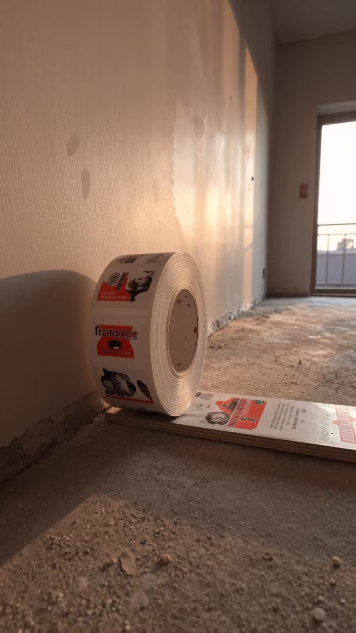 Dust Coated Sticker Roll in Tezpur Renovation in in a renovation zone under temporary light in Tezpur