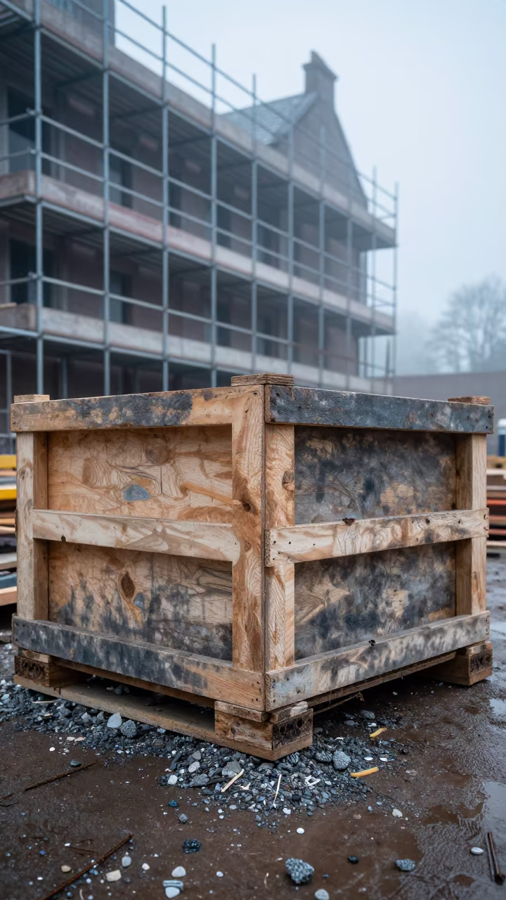 Dust Darkened Plywood Crate on Blantyre Scaffolding in along a scaffolded facade in Blantyre