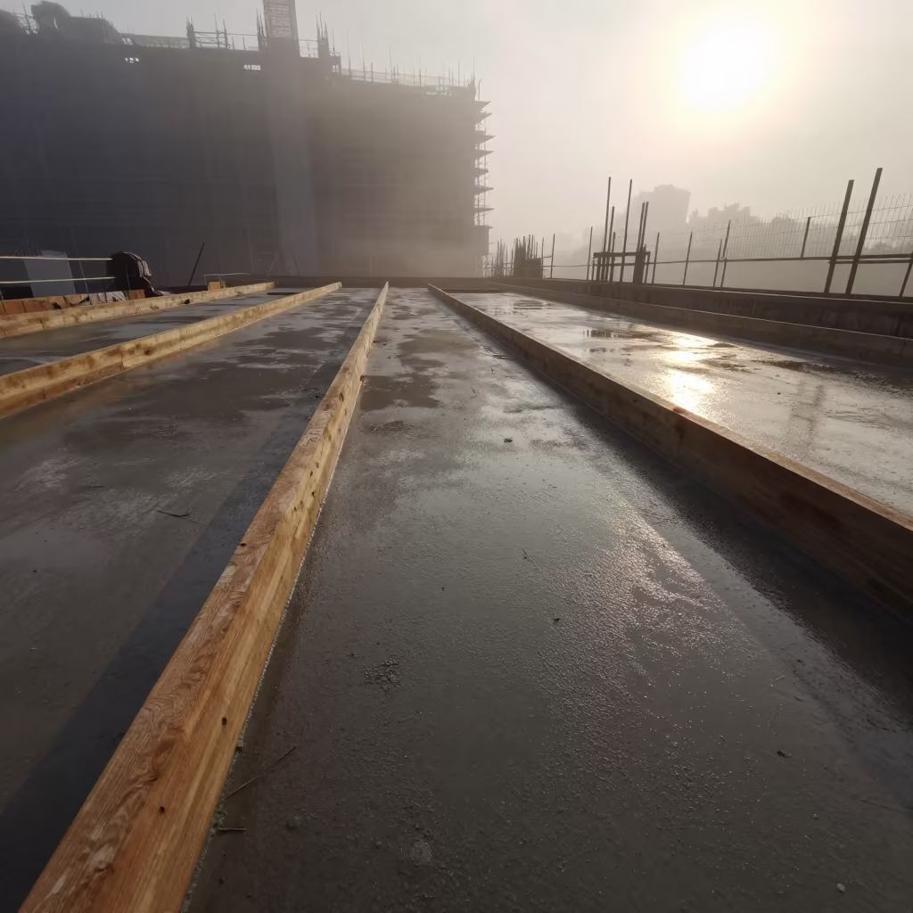 Dust and Dawn at Guangzhou Construction Site in on an active construction deck near Liwan, Guangzhou