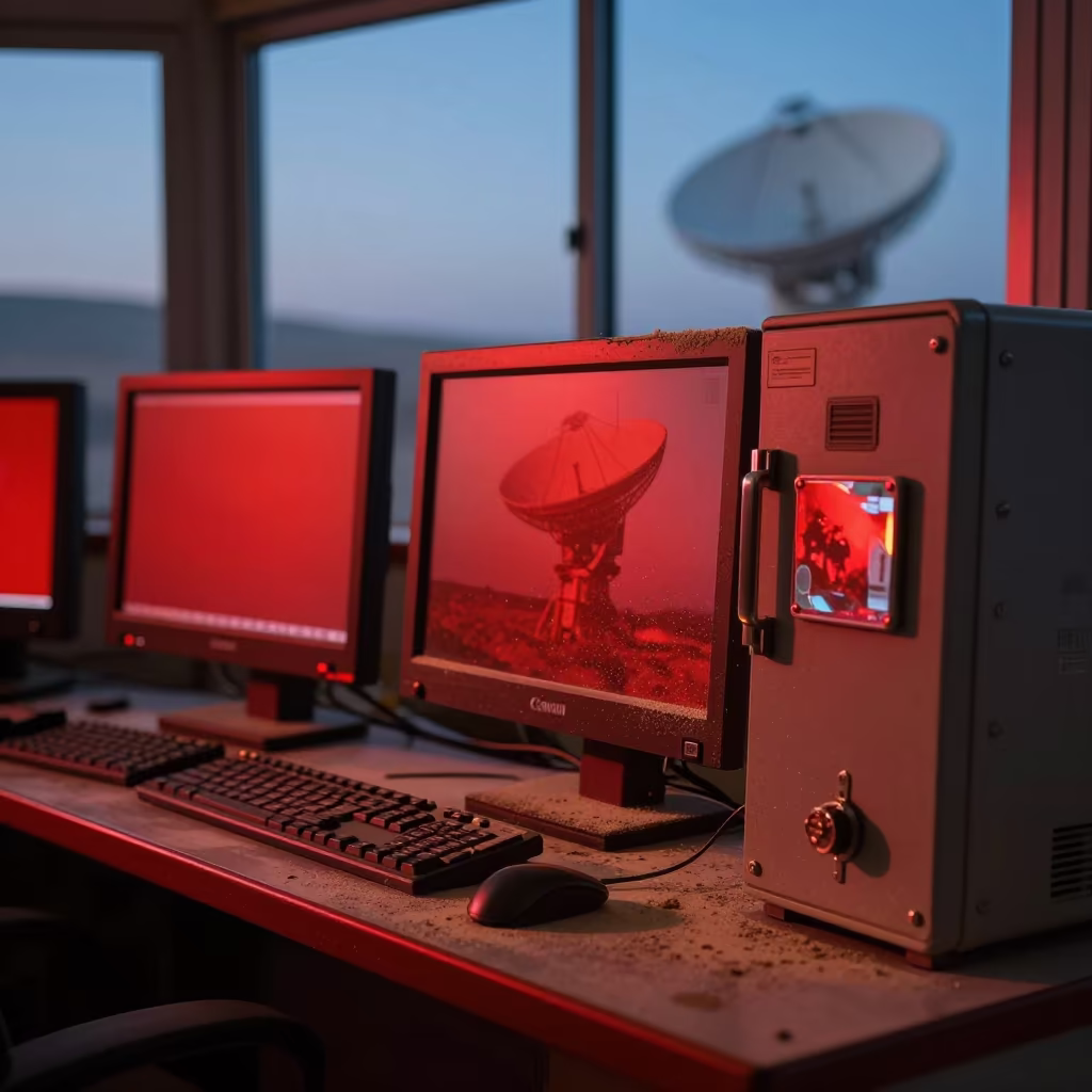Dust in Dawn Light Over Red Radiotelescope Monitors in in a specimen archive room near Amman