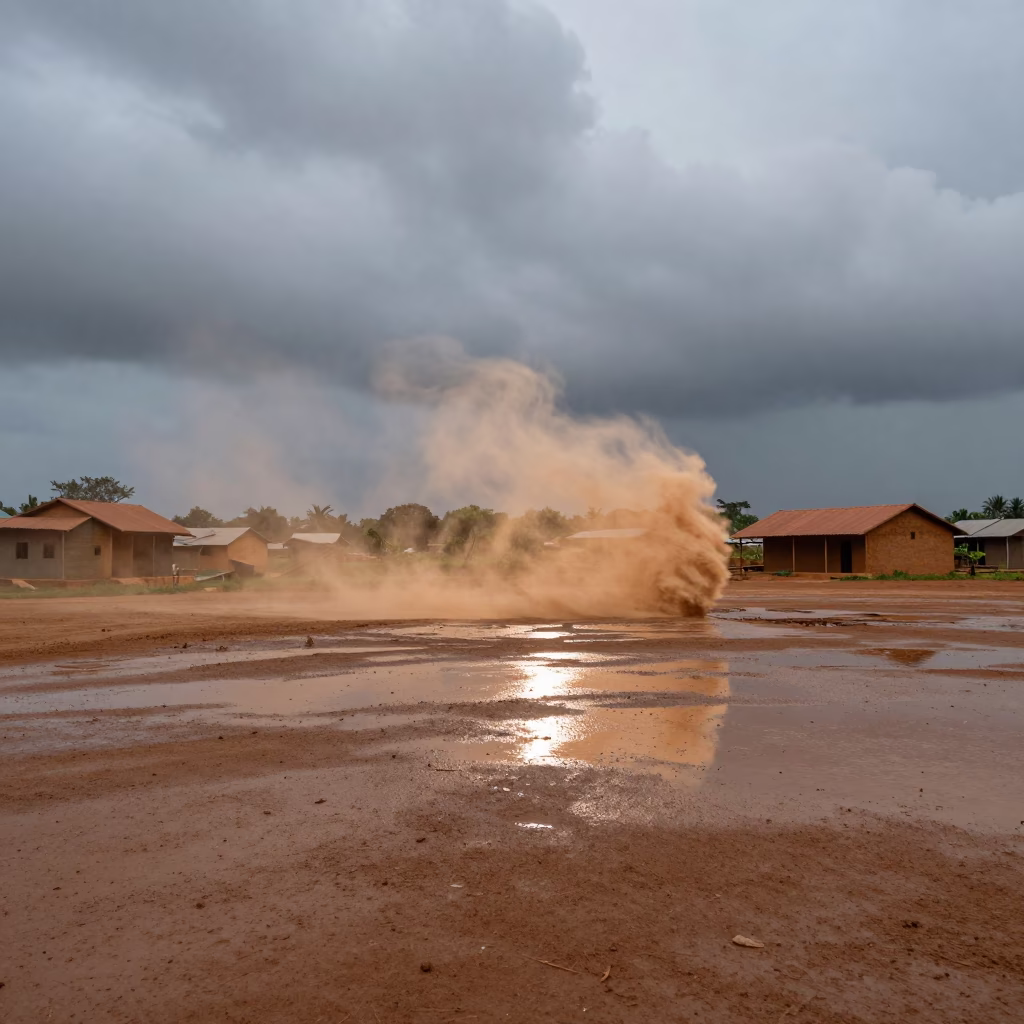 Dust Devil Spins Over Wet Field in Monsoon Light in near Phnom Penh