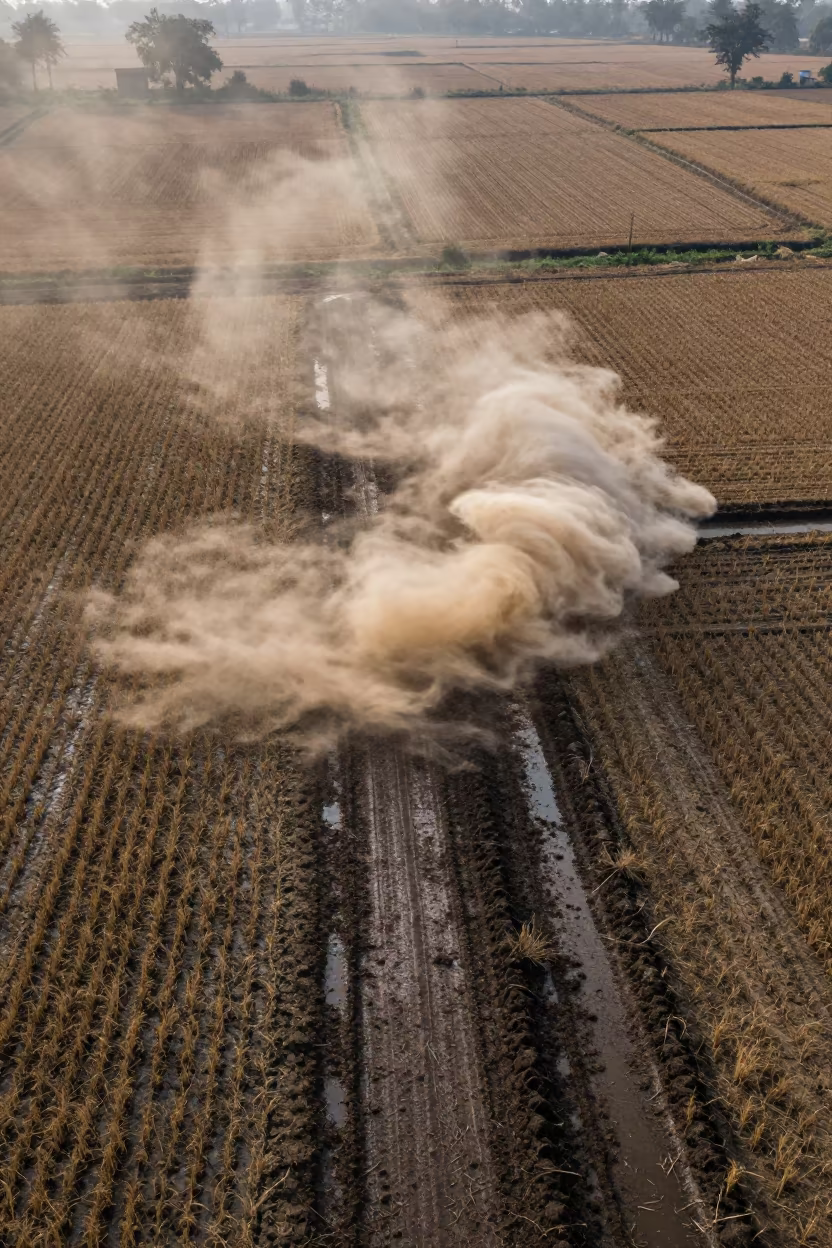 Dust Devil Spins Over Bangladesh Winter Field in across a harvested grain field in Bangladesh