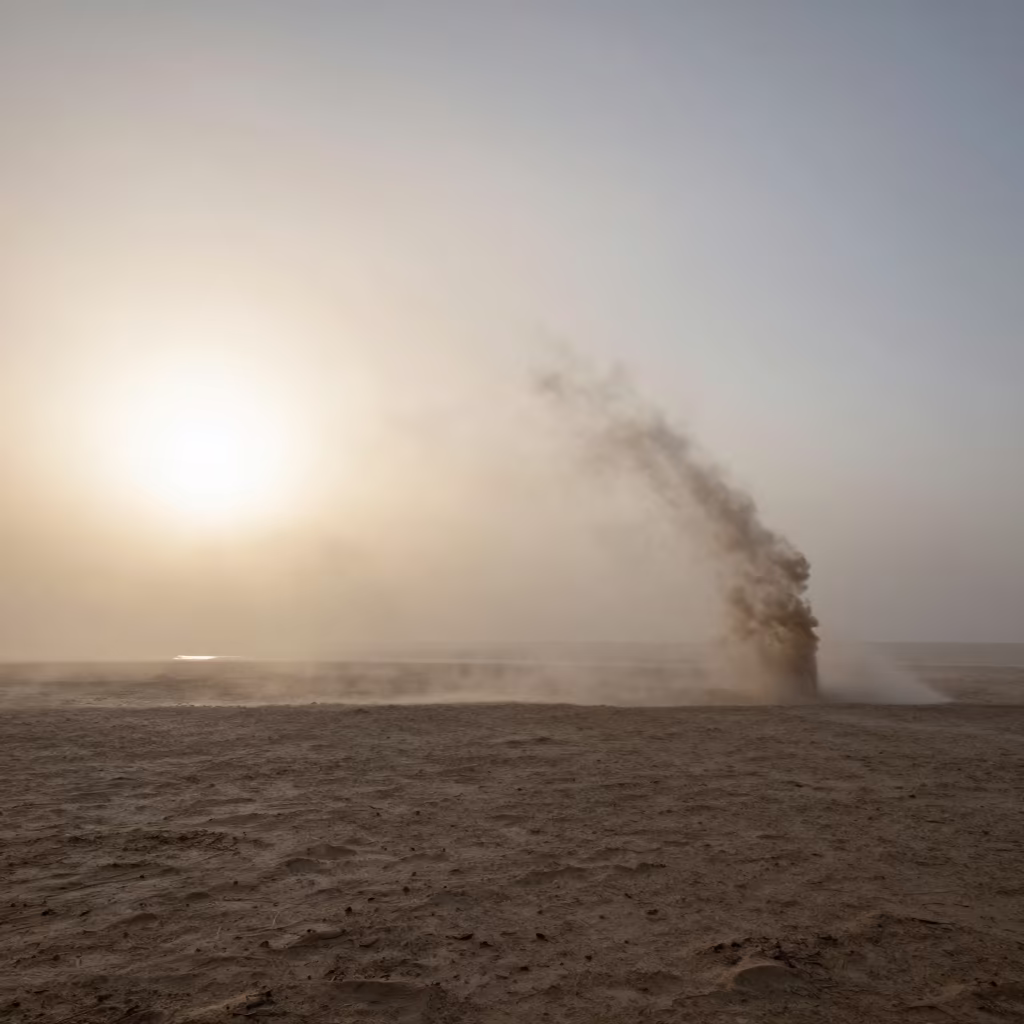 Dust Devil Crosses Foggy Lakebed at Dawn in through low marine fog near Skardu