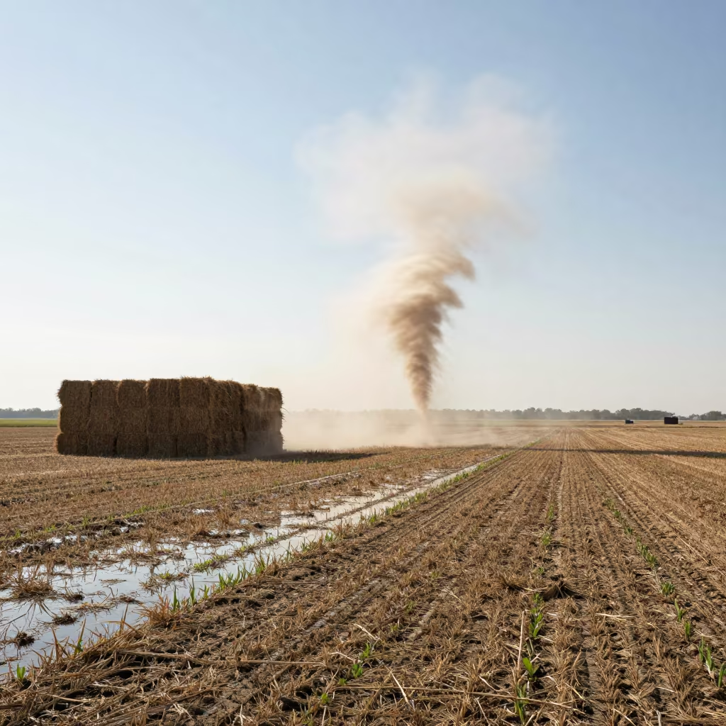 Dust Devil Spiraling Over Ohio Hay Bales in beside stacked hay bales in Ohio