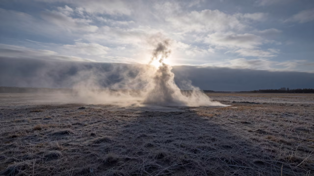 Dust Devil Over Frosty Dry Lakebed in beneath fast-moving cloud bands near Olsztyn