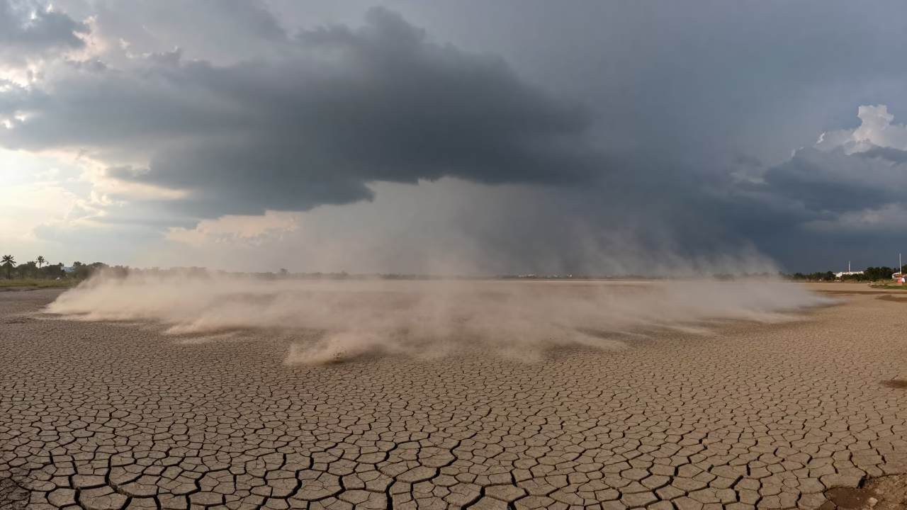 Dust Devil Over Ho Chi Minh Lakebed in over a horizon of stacked thunderheads near District 3, Ho Chi Minh City