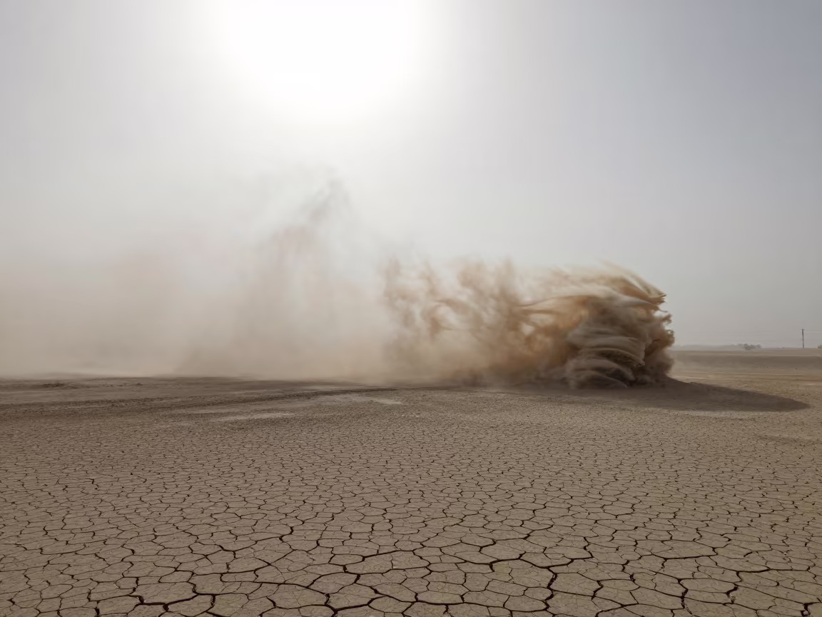 Dust Devil Spins Through Winter Fog in Qatar in through low marine fog in Qatar