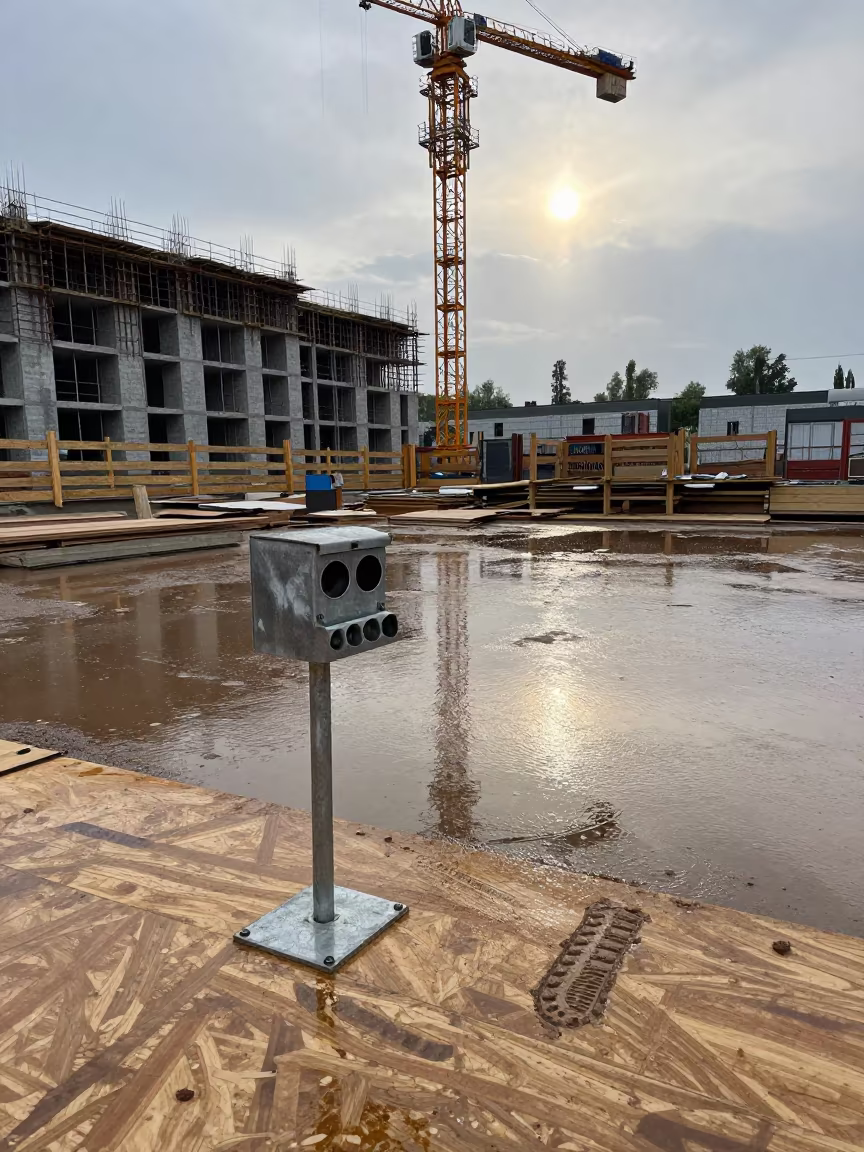 Dust Mask Dispenser Stand in Rain in beneath a tower crane on open ground near Chelyabinsk