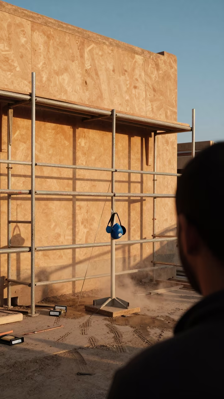 Dust Mask Dispenser on Scaffolded Facade in Khenifra in along a scaffolded facade in Khenifra