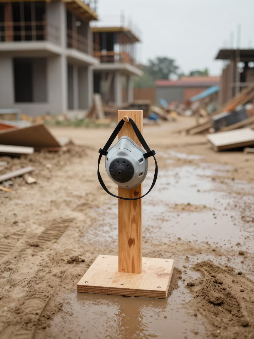 Dust Mask Dispenser Stand on Construction Site in beside a framed building shell in Dhamar