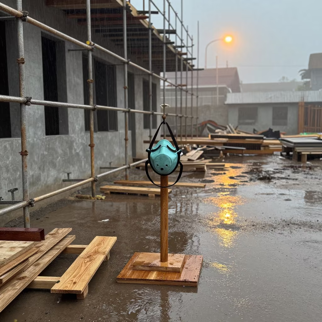 Dust Mask Stand Near Scaffold in Maroua Rain in along a scaffolded facade near Maroua
