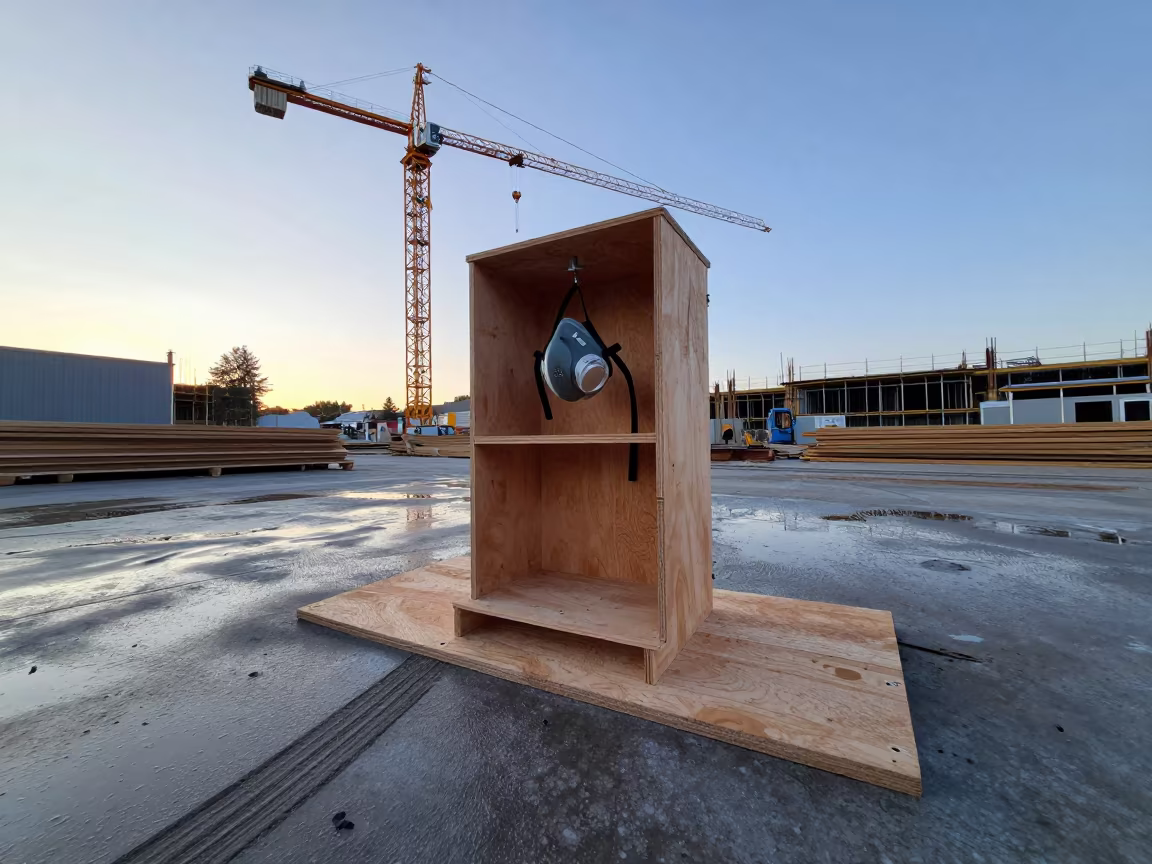 Dust Mask Stand Beneath Tower Crane in Dawn Light in beneath a tower crane on open ground in Canada
