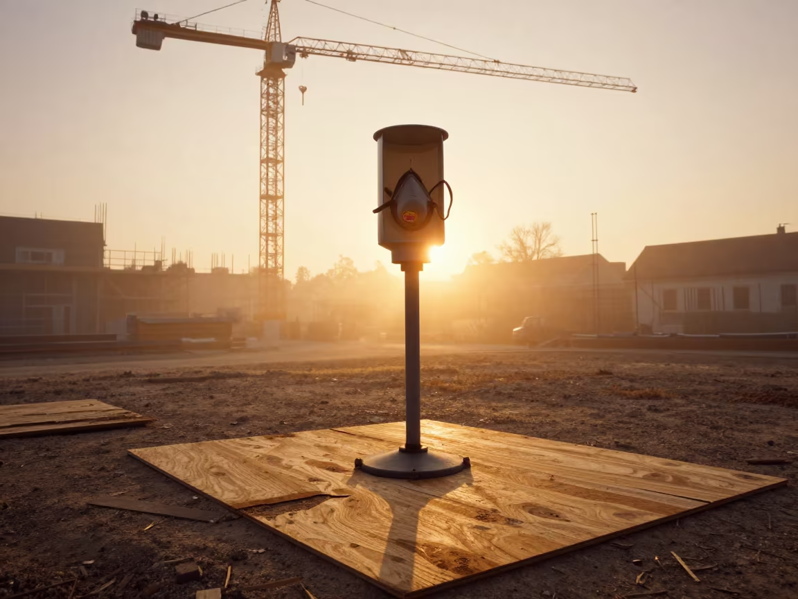 Dust Mask Stand Under Crane in Bavarian Mist in beneath a tower crane on open ground in Bavaria
