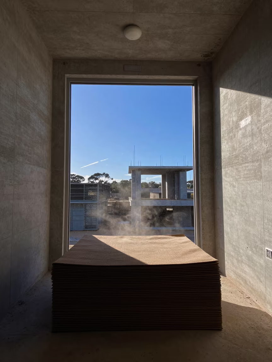 Dust Mat Stack in Western Australia Corridor in inside an unfinished corridor in Western Australia