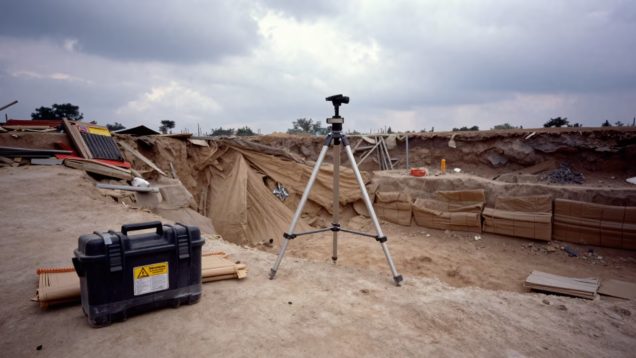 Dust Monitor Tripod Case at Mizoram Excavation in inside a taped-off excavation edge in Mizoram