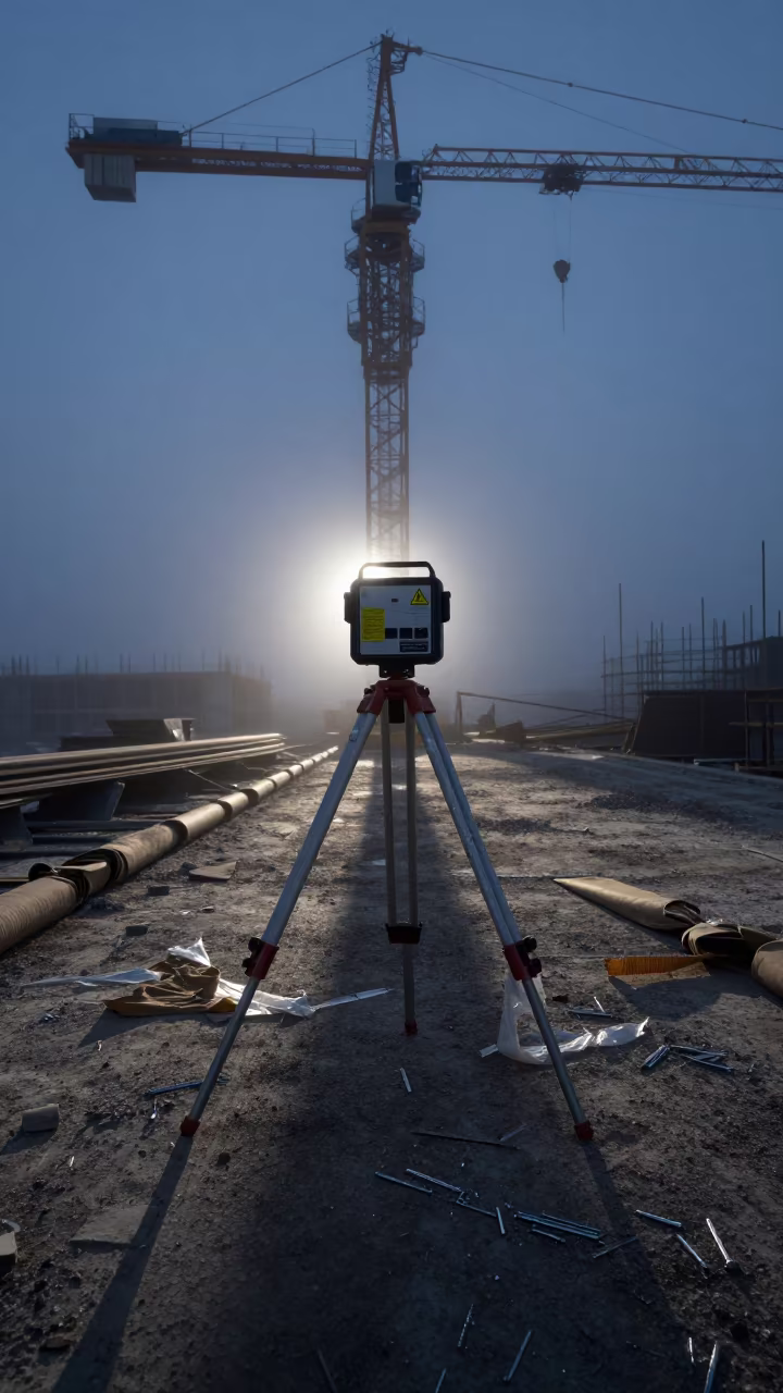 Dust Monitor Tripod Case in Predawn Mist in beneath a tower crane on open ground in Kayseri