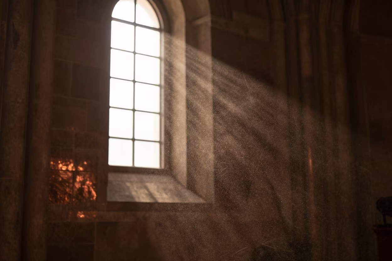 Dust Motes in Copper Light Stone Church Jakarta in on a museum plinth near Menteng, Jakarta