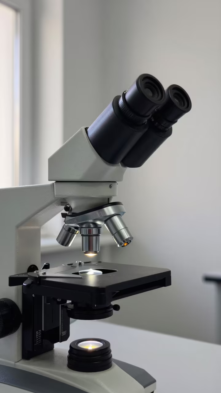 Dust Motes Dance in Lab Light Over Tissue Slide in in a bright laboratory in Kyiv