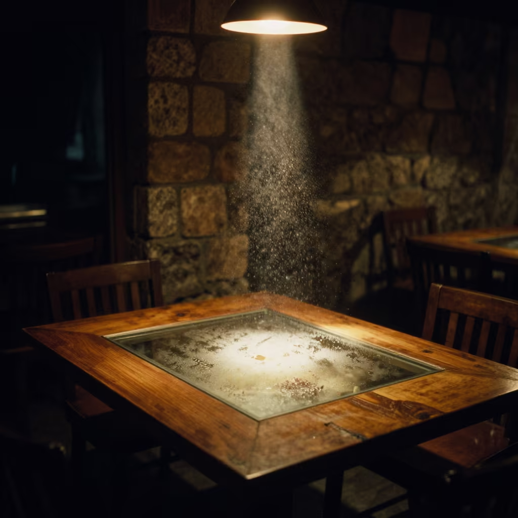 Dust Motes in Night Light Over Cafe Table in on a cafe table by a window near Burewala