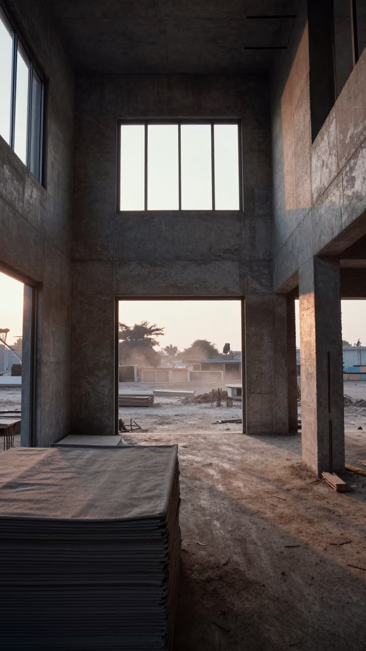 Dust Muted Elevator Lobby at Khartoum Dawn in inside a half-built lobby in Khartoum