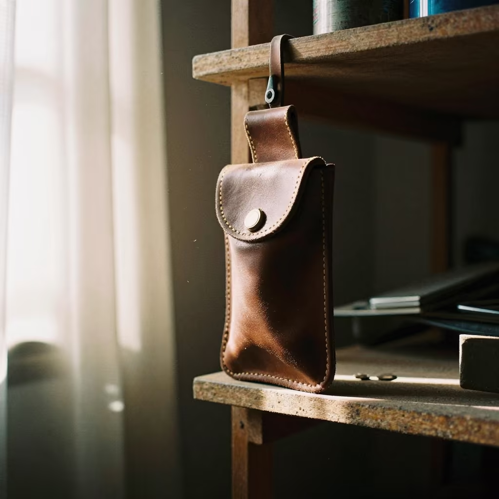 Dust and Steel Insulation Knife Pouch Rail Delhi in on a workshop shelf near Delhi
