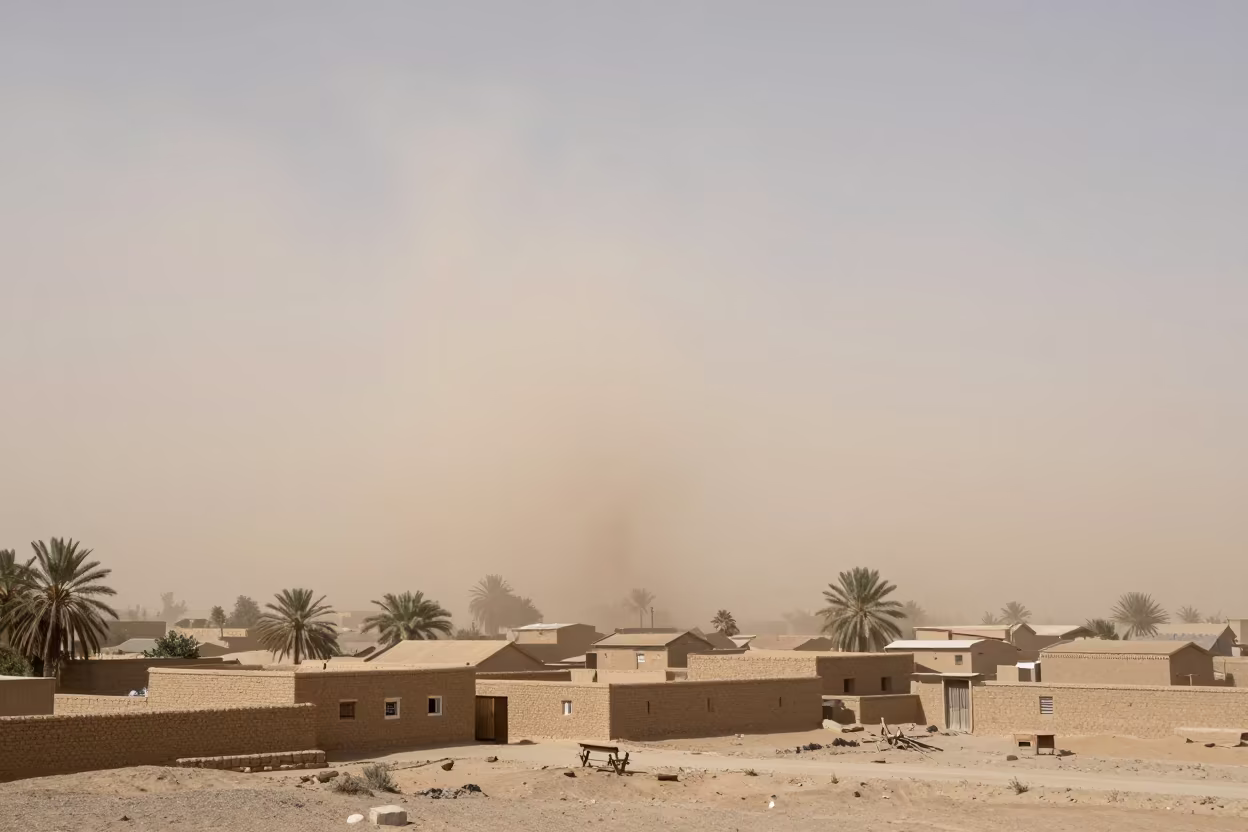 Dust Storm Approaching Iranian Village Through Fog in through low marine fog in Iran