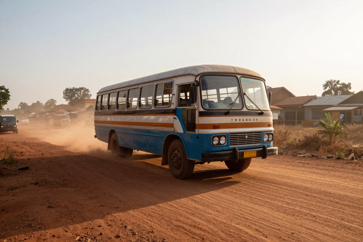Dusty Accra Highway Morning Old Bedford Bus and Local Life Just After Sunrise in in Accra, Ghana