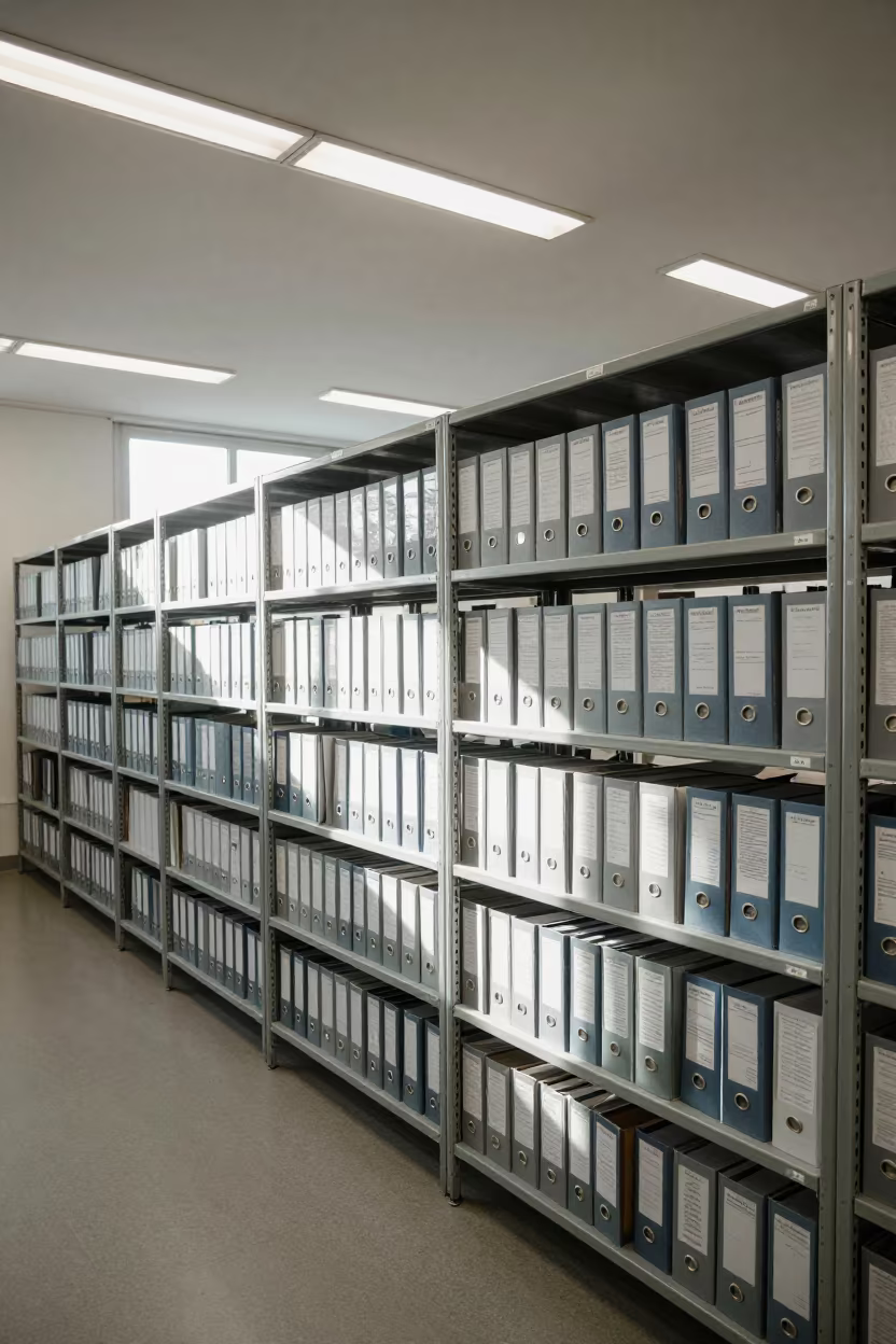 Dusty Archive Shelf in Bologna Office Midmorning in in an operations center under monitor glow in Bologna