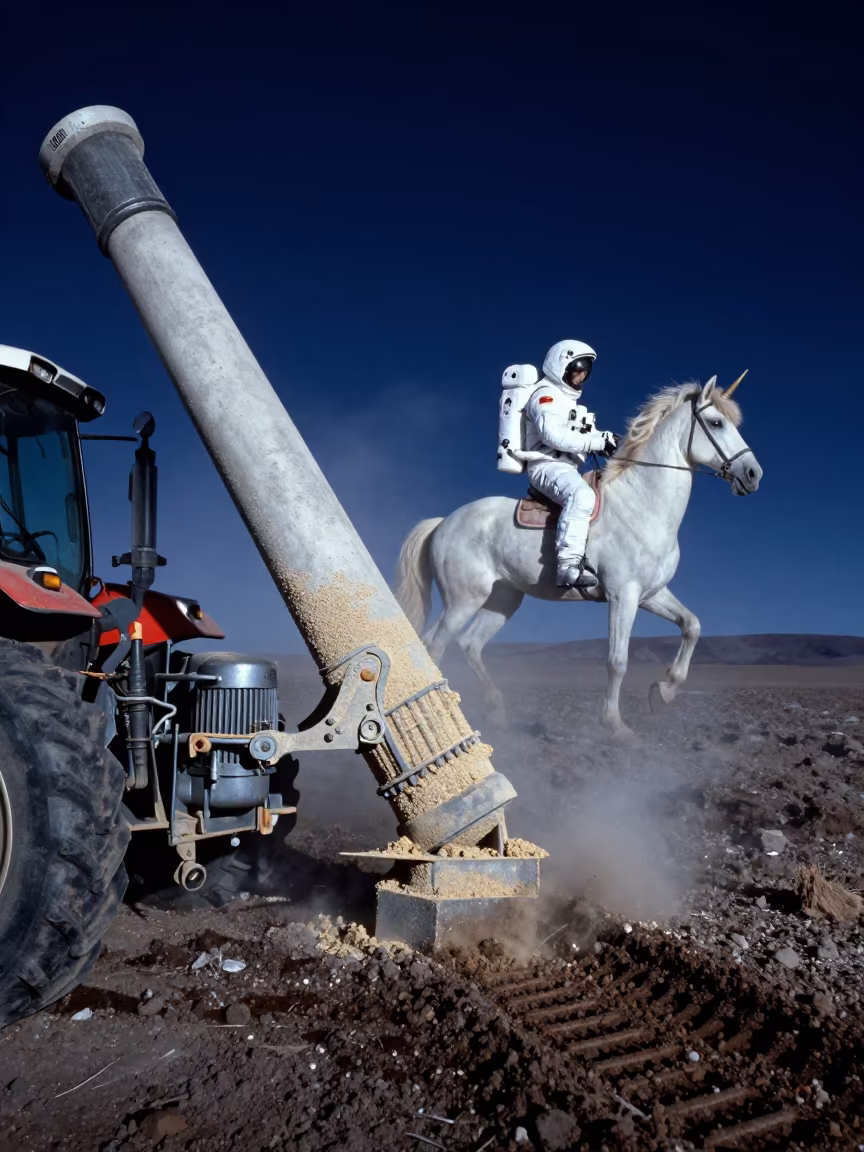 Dusty Auger Motor Under Night Sky with Astronaut Unicorn in beside a tractor track through dark soil in Bolivia
