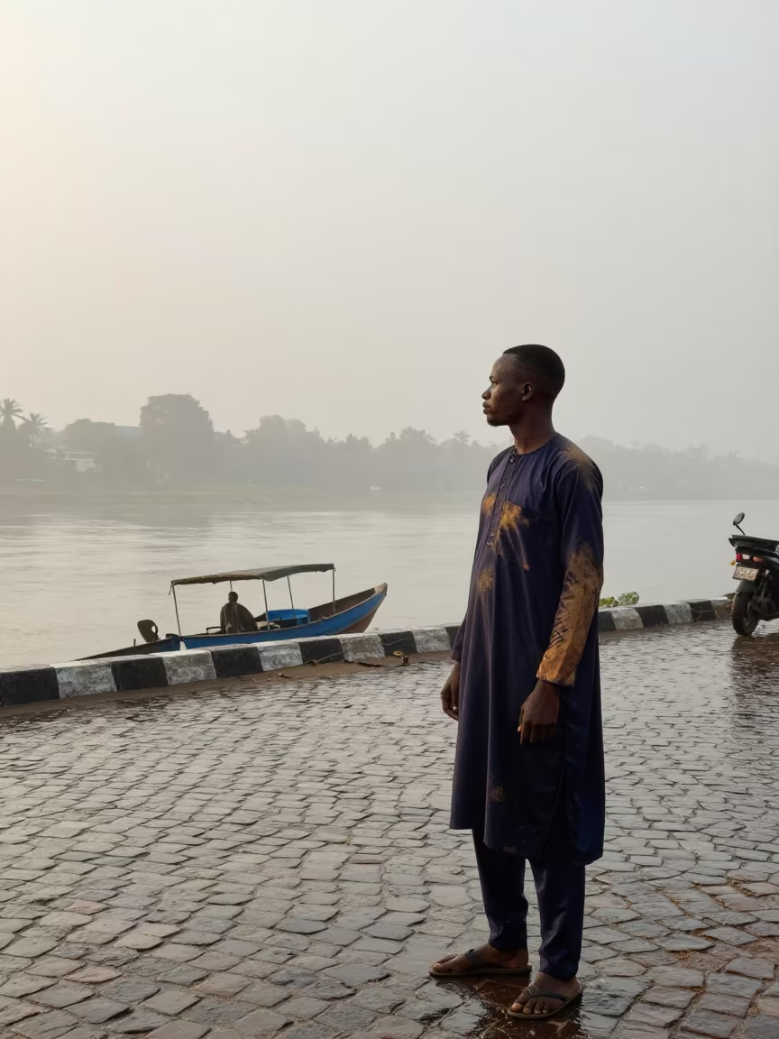Dusty Barber at Dawn in Bauchi Market Lane in near a riverside landing in Bauchi