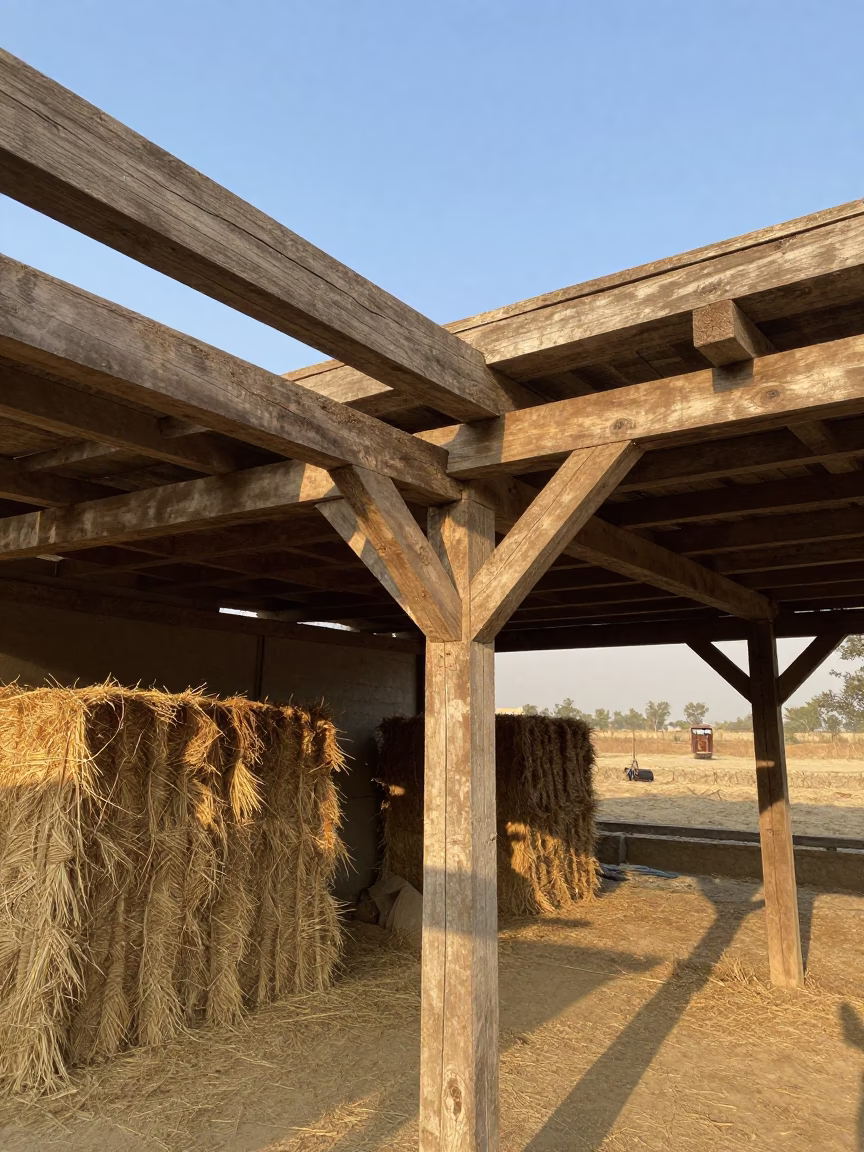 Dusty Barn Loft Beam Striped by Late Afternoon Light in beside stacked hay bales near Sargodha
