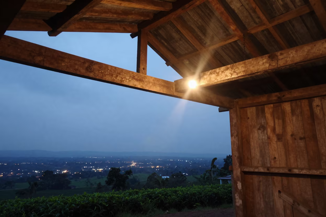 Dusty beam in barn loft at twilight edge in at the edge of a tea plantation in Mbuji-Mayi