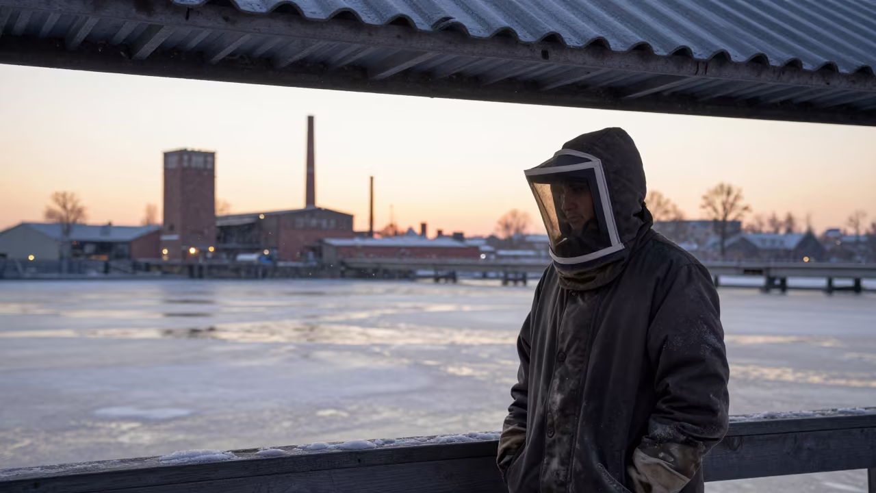 Dusty Beekeeper at Dawn Harbor Leipzig Winter in at a harbor quay near Leipzig