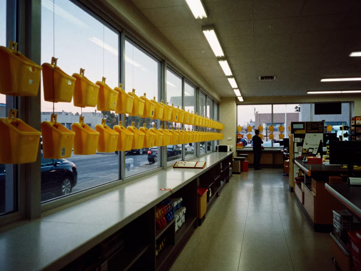 Dusty Bin at Predawn Checkout Lane in Riffa in at a checkout lane under flat store light in Riffa