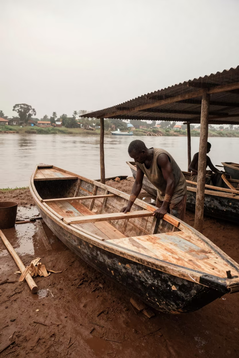 Dusty Boatbuilder at Dawn in Mbuji-Mayi Shed in in the old quarter in Mbuji-Mayi