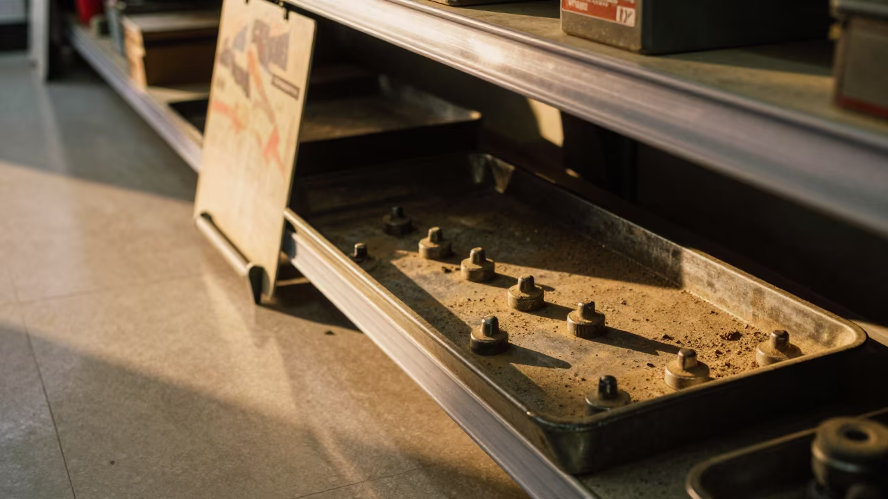 Dusty Brake Pin Tray in Mosul Stockroom in inside a stockroom behind the sales floor in Mosul