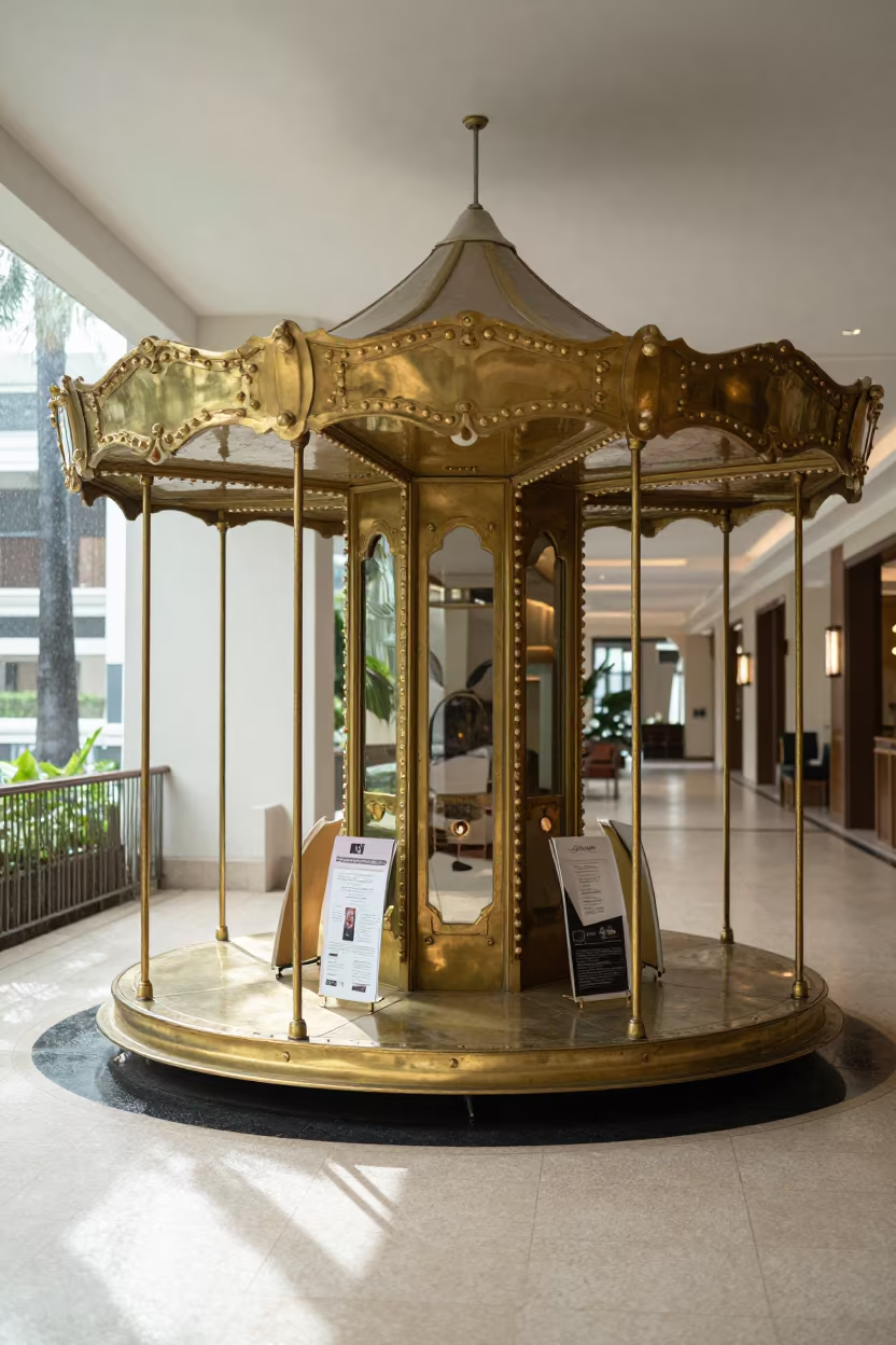 Dusty Brass Carousel in Singapore Hotel Corridor in in a quiet guest corridor in Singapore
