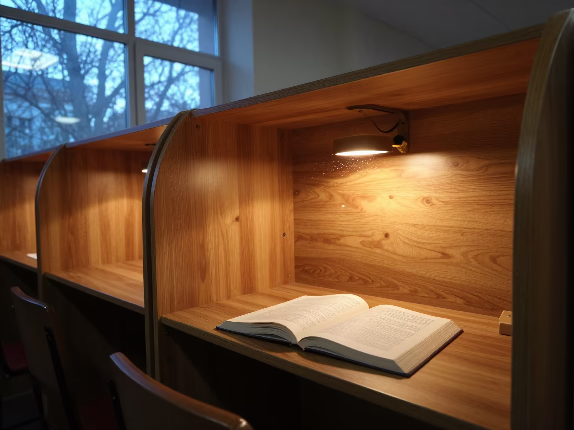 Dusty Carrel at Twilight in Nizhny Library in inside a campus library reading room in Nizhny Novgorod
