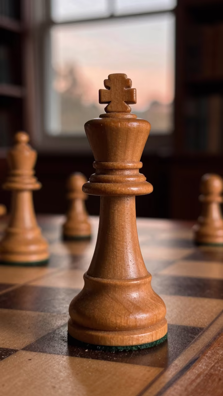 Dusty Carved Chess King in Autumn Light in on a dusty library table near Pietermaritzburg
