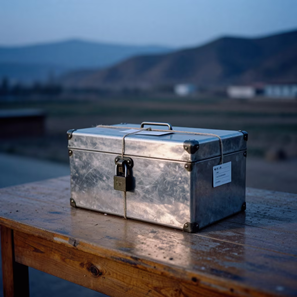 Dusty Cash Box on Library Table in on a dusty library table in Golmud