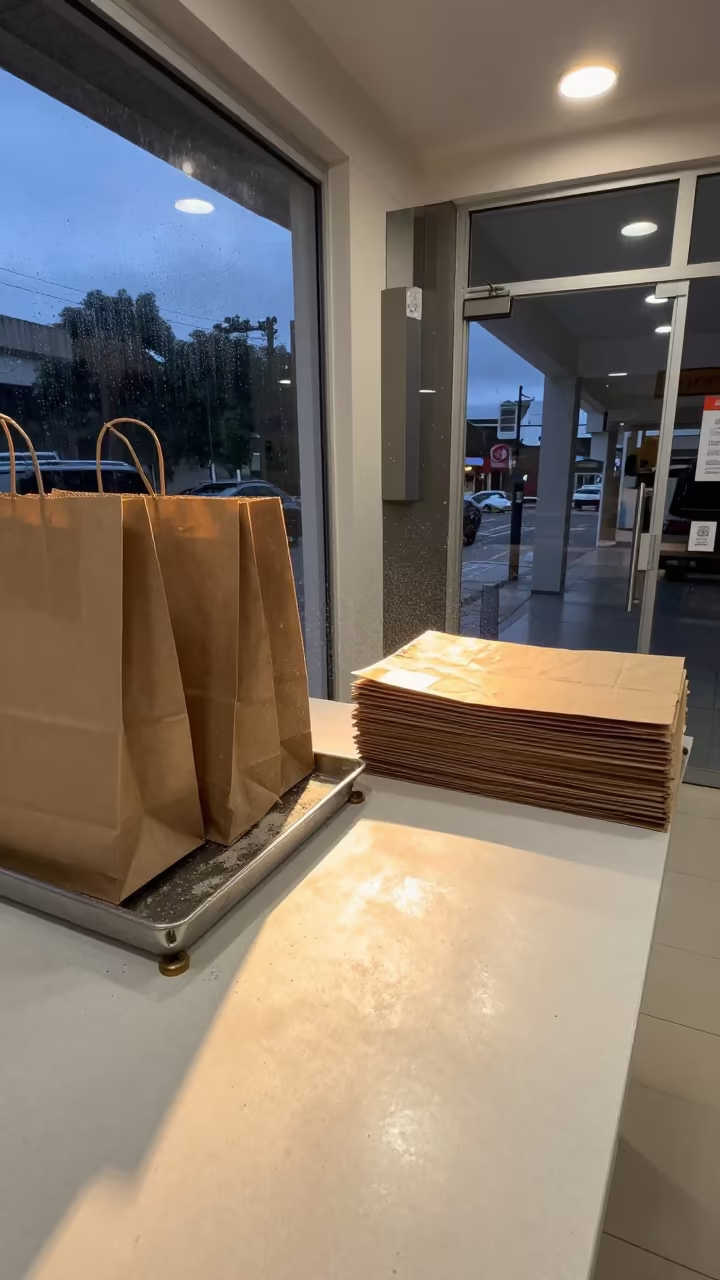 Dusty Cash Wrap Tray in Cabimas Retail Store in at a cash wrap counter with bags stacked nearby in Cabimas