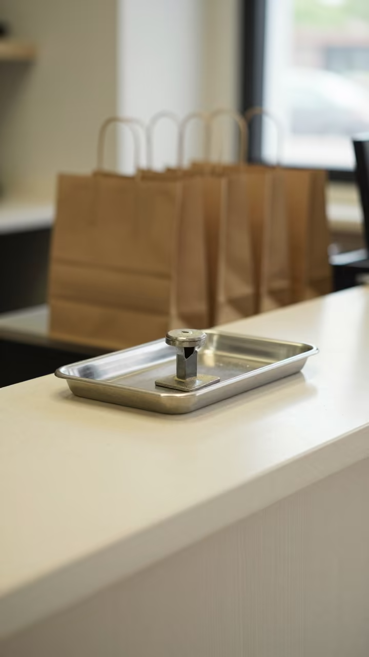 Dusty Caster Brake Tray on Cash Wrap Counter in at a cash wrap counter with bags stacked nearby near Hamilton