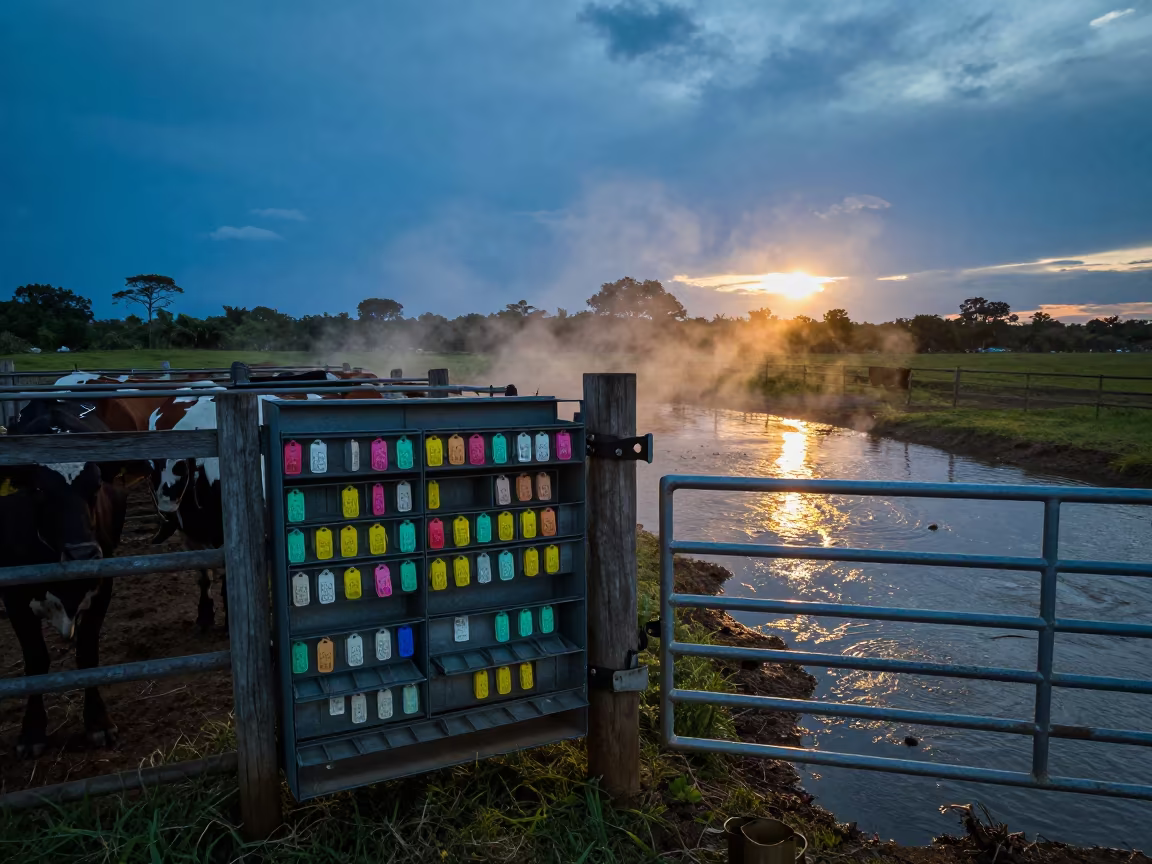 Dusty Cattle Ear Tag Drawer at Suriname Gate in beside a pasture gate in Suriname