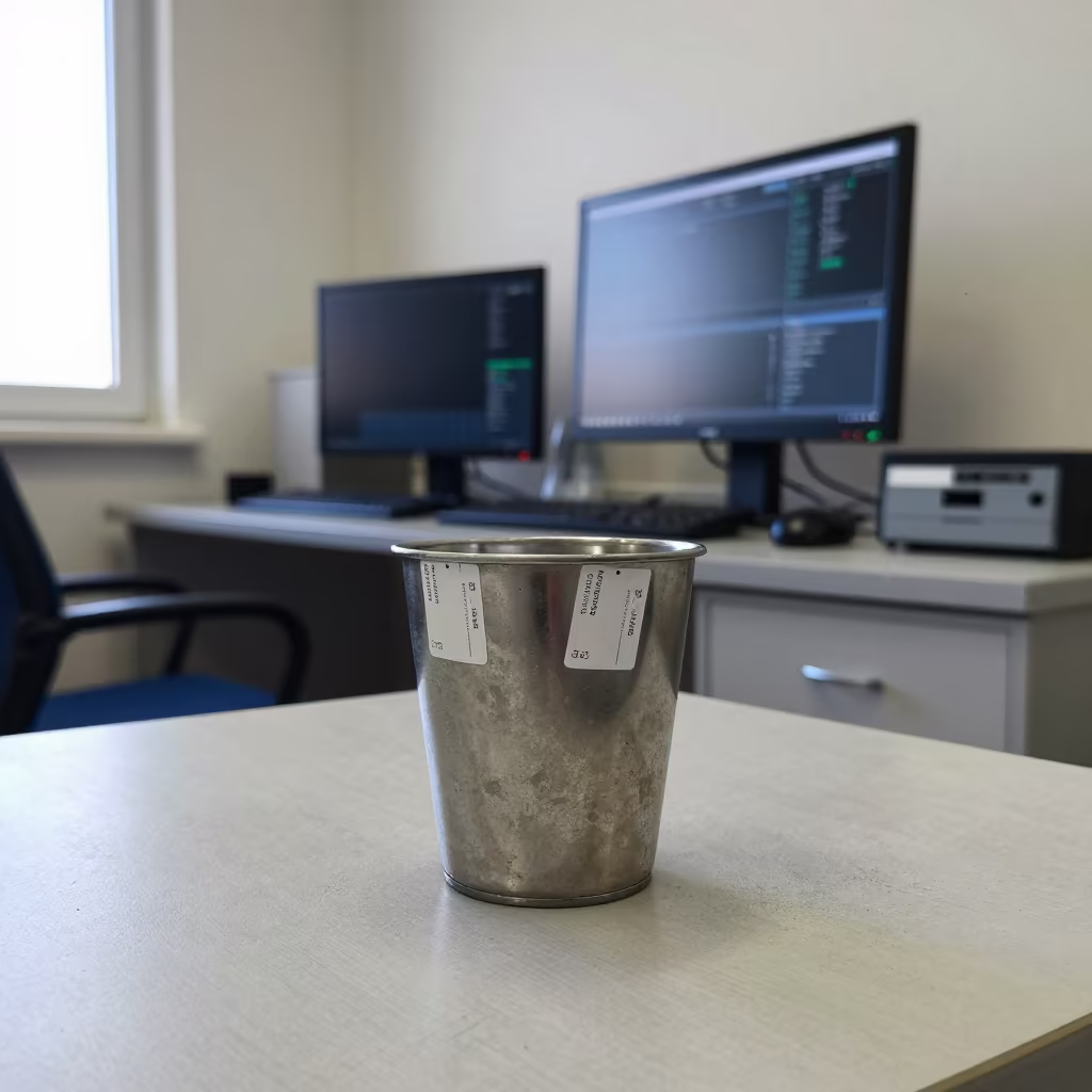 Dusty Coat Check Token Cup Office Tlemcen in in an operations center under monitor glow near Tlemcen