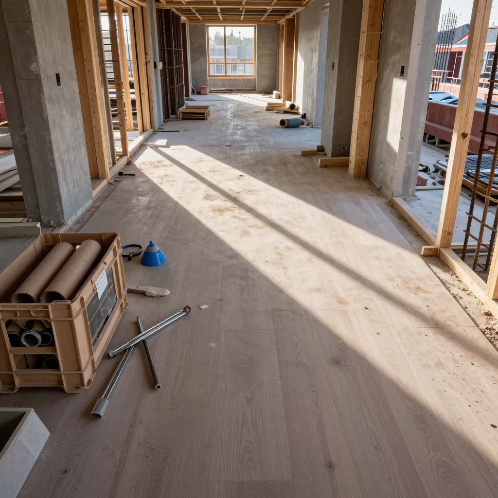 Dusty Construction Site Floor with Sprinkler Crate in inside an unfinished corridor in Russia