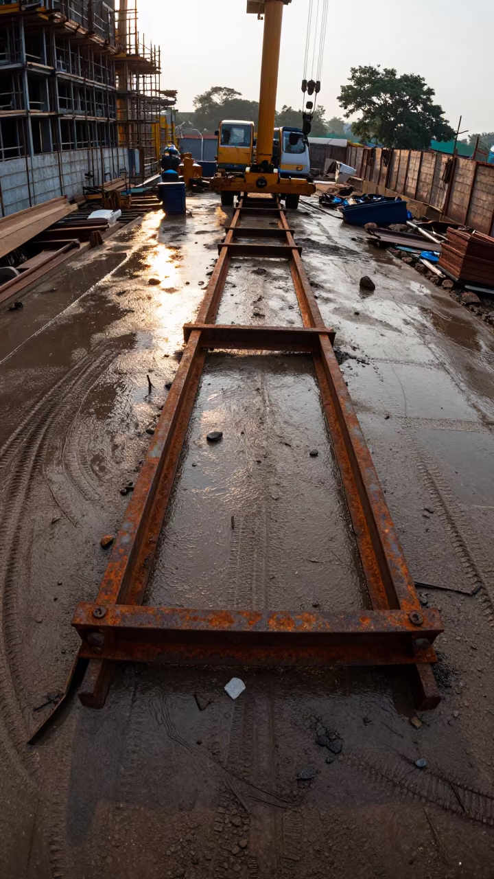 Dusty Crane Outrigger Pad Rack on Wet Construction Deck in on an active construction deck near Bangalore