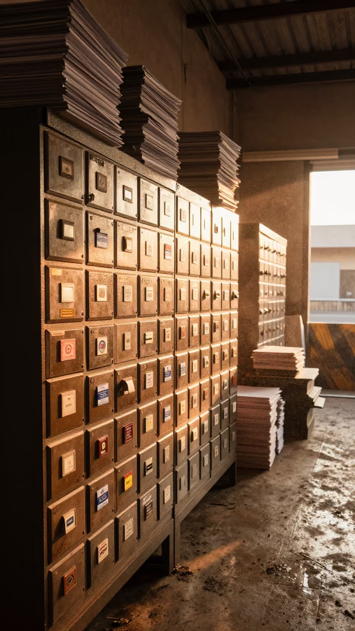 Dusty Customs Sticker Drawer in Kinshasa Office in inside a dispatch office above the dock in Kinshasa