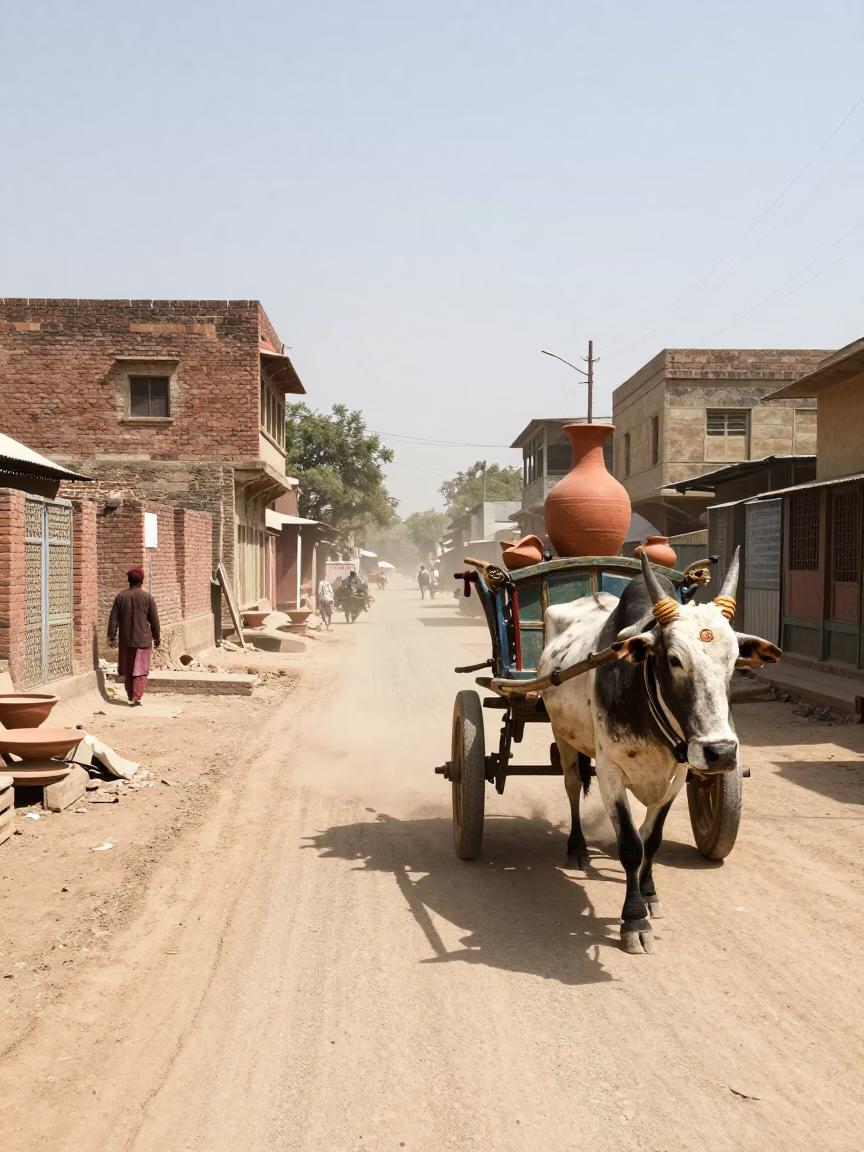 Dusty Delhi Street Scene with Ox Cart and Terracotta Pots Under Noon Sun in in Delhi, India