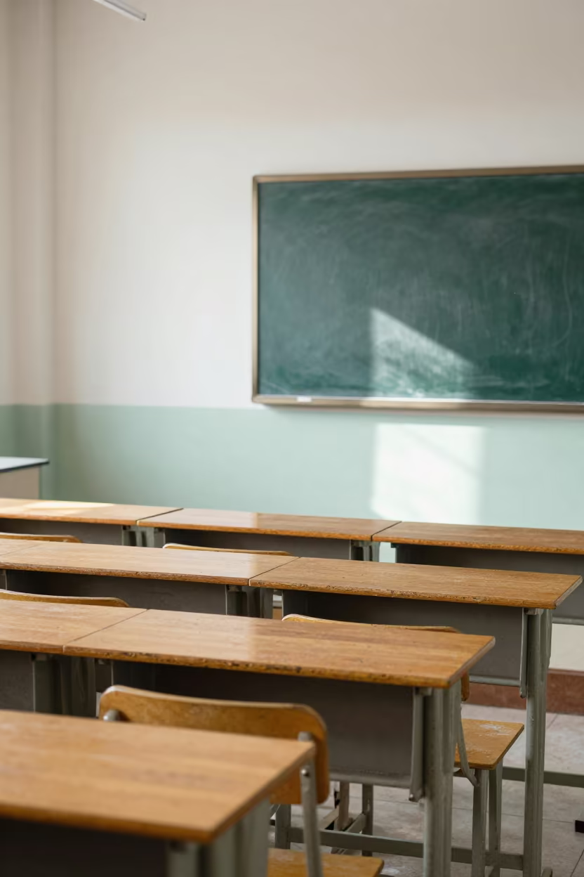 Dusty Desks in Abandoned Nanchang School Lab in in a school laboratory near Nanchang